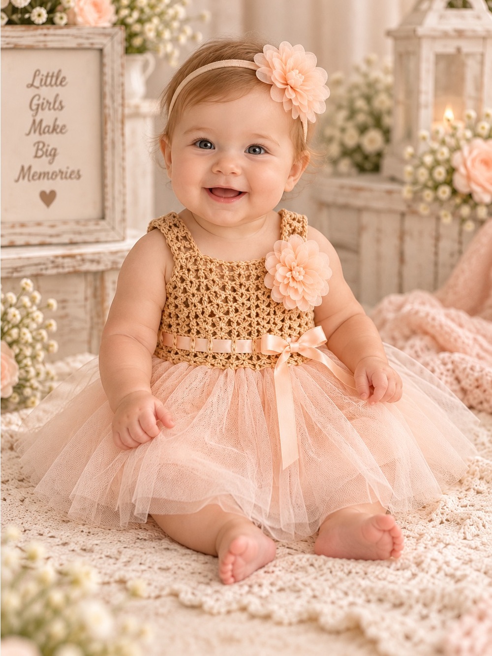 Elly & Emmy Girls 6-12M Blush Tulle Crochet Flower Dress NWT
